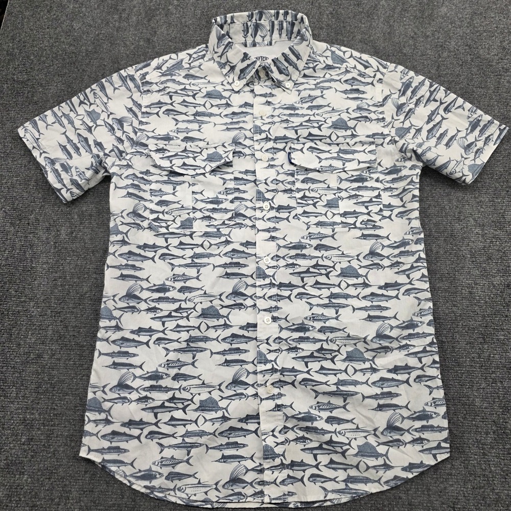 AFTCO Men White Blue FishAll Over Print Short Sleeve Button Down Fishing Shirt S